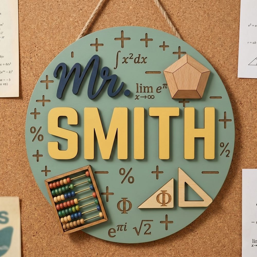 Personalized Math Teacher Classroom Sign, Custom Wooden Door Plaque With Teacher Name, School Wall Decor, Appreciation Gift For Back To School - Style 7