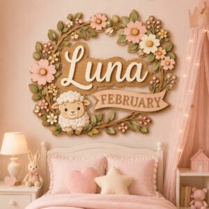 Personalized Nursery Name Wood Sign, Custom Birth Month Animal Floral Wall Plaque For Baby Room, Kids Bedroom, Baby Shower Gift - Style 1