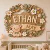 Personalized Nursery Name Wood Sign, Custom Birth Month Animal Floral Wall Plaque For Baby Room, Kids Bedroom, Baby Shower Gift - Style 10