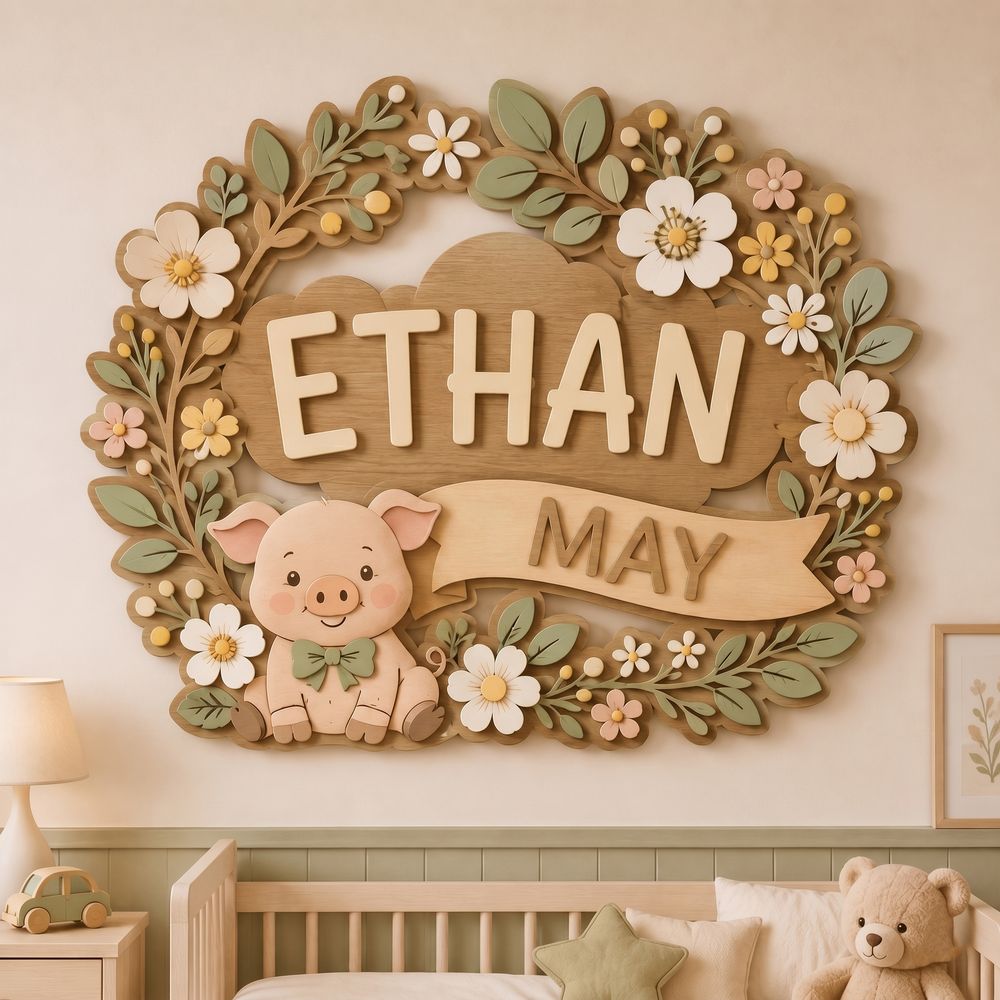 Personalized Nursery Name Wood Sign, Custom Birth Month Animal Floral Wall Plaque For Baby Room, Kids Bedroom, Baby Shower Gift - Style 10