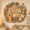 Personalized Nursery Name Wood Sign, Custom Birth Month Animal Floral Wall Plaque For Baby Room, Kids Bedroom, Baby Shower Gift - Style 2