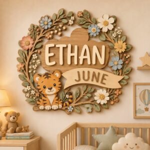 Personalized Nursery Name Wood Sign, Custom Birth Month Animal Floral Wall Plaque For Baby Room, Kids Bedroom, Baby Shower Gift - Style 2
