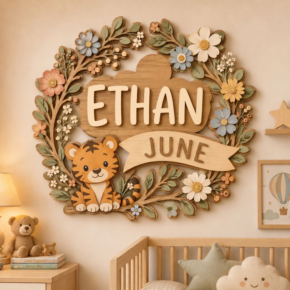 Personalized Nursery Name Wood Sign, Custom Birth Month Animal Floral Wall Plaque For Baby Room, Kids Bedroom, Baby Shower Gift - Style 2