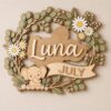 Personalized Nursery Name Wood Sign, Custom Birth Month Animal Floral Wall Plaque For Baby Room, Kids Bedroom, Baby Shower Gift - Style 3