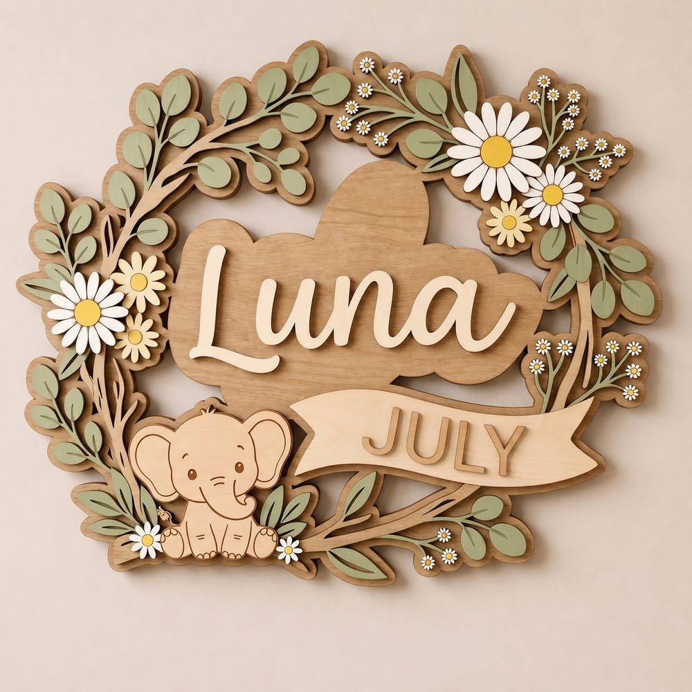 Personalized Nursery Name Wood Sign, Custom Birth Month Animal Floral Wall Plaque For Baby Room, Kids Bedroom, Baby Shower Gift - Style 3