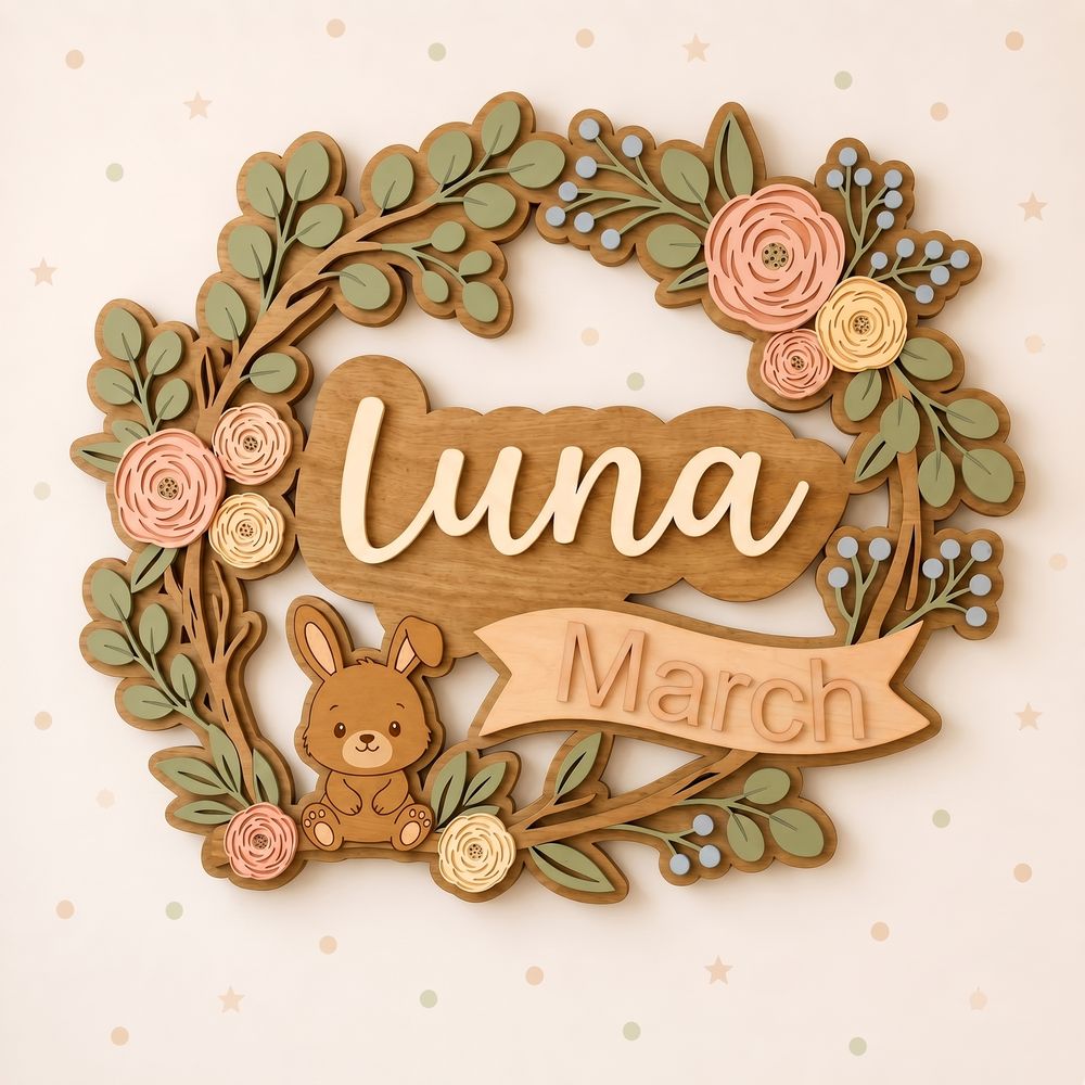 Personalized Nursery Name Wood Sign, Custom Birth Month Animal Floral Wall Plaque For Baby Room, Kids Bedroom, Baby Shower Gift - Style 4