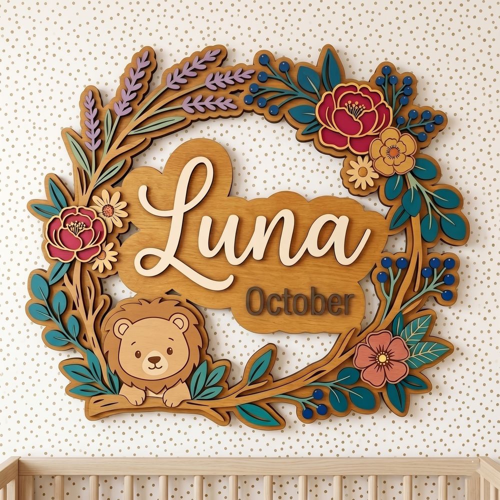 Personalized Nursery Name Wood Sign, Custom Birth Month Animal Floral Wall Plaque For Baby Room, Kids Bedroom, Baby Shower Gift - Style 5