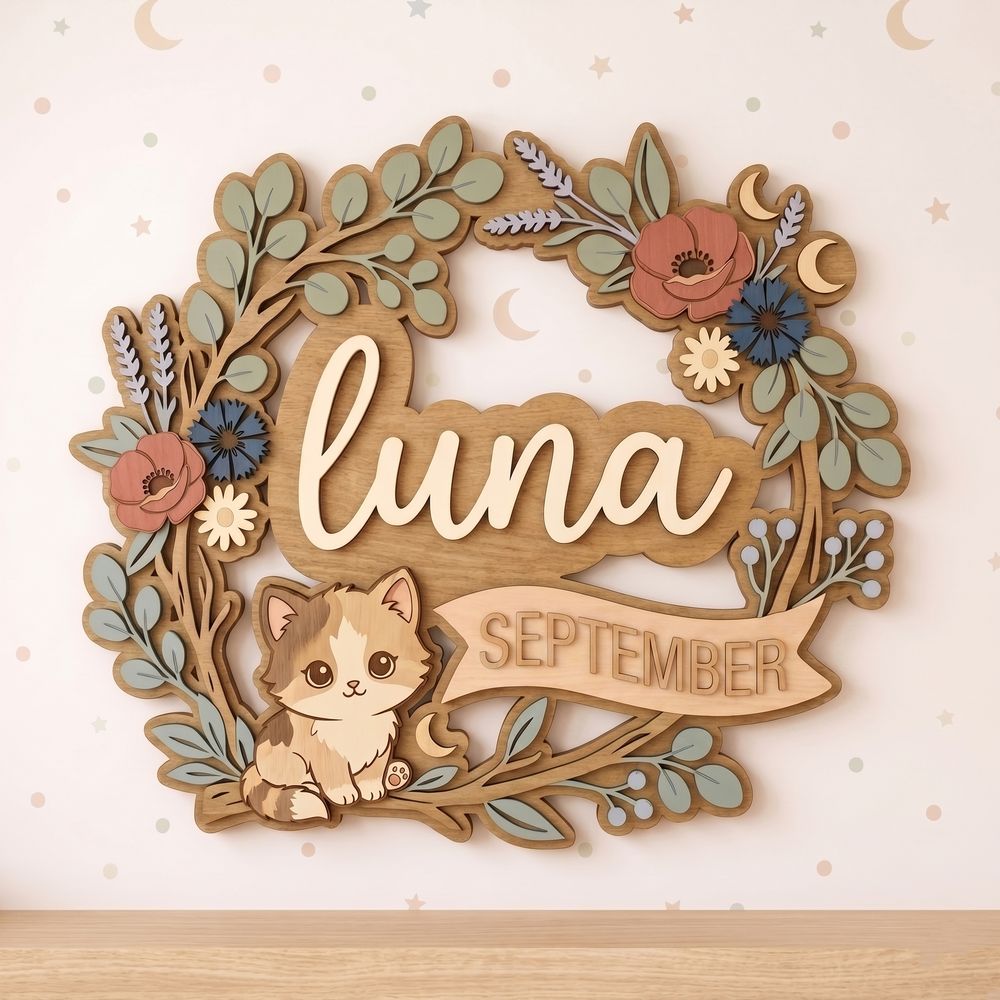 Personalized Nursery Name Wood Sign, Custom Birth Month Animal Floral Wall Plaque For Baby Room, Kids Bedroom, Baby Shower Gift - Style 6