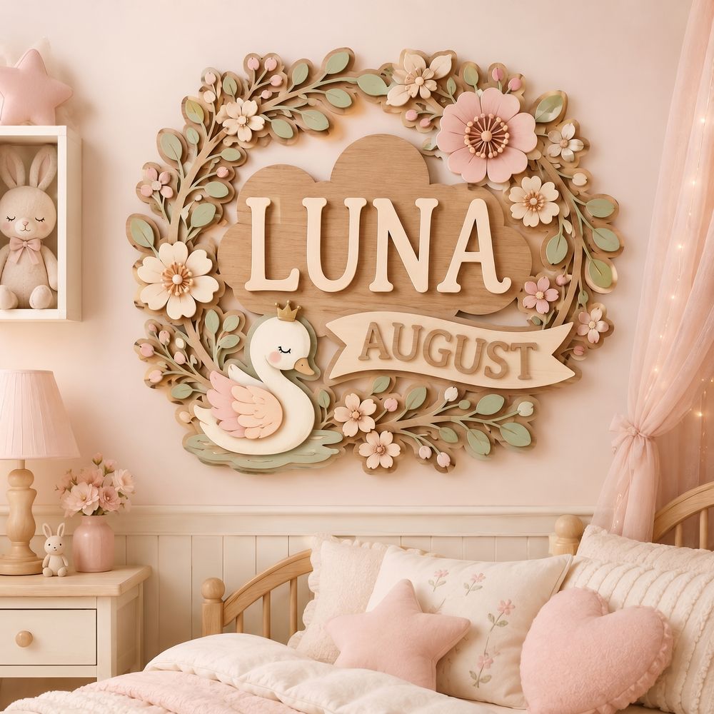 Personalized Nursery Name Wood Sign, Custom Birth Month Animal Floral Wall Plaque For Baby Room, Kids Bedroom, Baby Shower Gift - Style 7