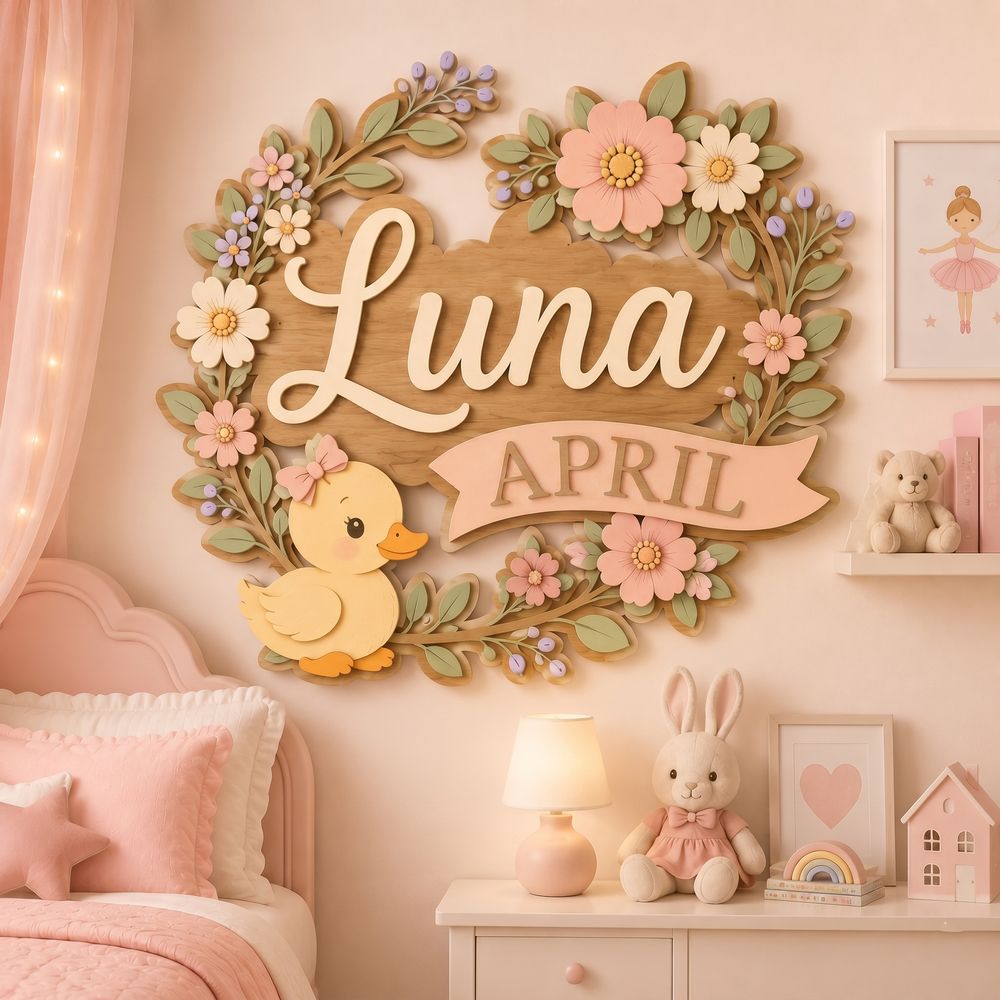 Personalized Nursery Name Wood Sign, Custom Birth Month Animal Floral Wall Plaque For Baby Room, Kids Bedroom, Baby Shower Gift - Style 9