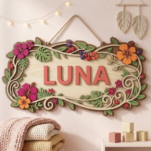 Personalized Nursery Name Wood Sign, Custom Floral Botanical Wall Decor For Baby Room, Kids Bedroom Door Plaque, Newborn Shower Gift For Boys Girls - Style 2