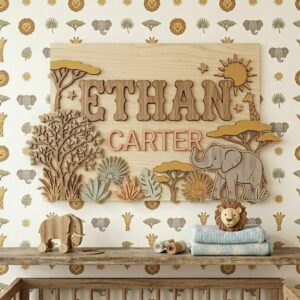 Personalized Nursery Name Wood Sign, Custom Nature Inspired Wooden Hanging Plaque For Baby Room, Kids Bedroom Wall Decor, Baby Shower Gift - Style 2