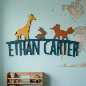 Personalized Nursery Name Wood Sign, Custom Wooden Animal Wall Decor For Kids Bedroom Or Baby Room, Door Plaque, Newborn Shower Gift Boys Girls - Style 2