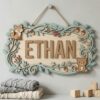 Personalized Nursery Name Wood Sign, Custom Woodland Animal Botanical Wall Decor For Baby Room, Kids Bedroom Door Plaque, Shower Gift Boys Girls - Style 1