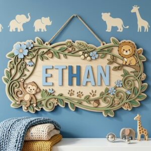 Personalized Nursery Name Wood Sign, Custom Woodland Animal Botanical Wall Decor For Baby Room, Kids Bedroom Door Plaque, Shower Gift Boys Girls - Style 2
