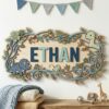 Personalized Nursery Name Wood Sign, Custom Woodland Animal Botanical Wall Decor For Baby Room, Kids Bedroom Door Plaque, Shower Gift Boys Girls - Style 5