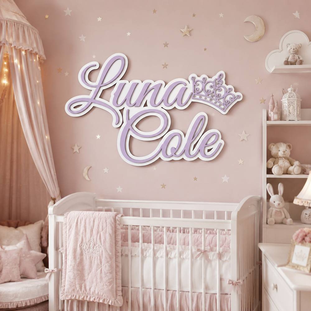 Personalized Princess Wooden Name Sign For Nursery Custom 3D Layered Crown Wood Name Wall Decor For Baby Girl Room Princess Bedroom - View 3