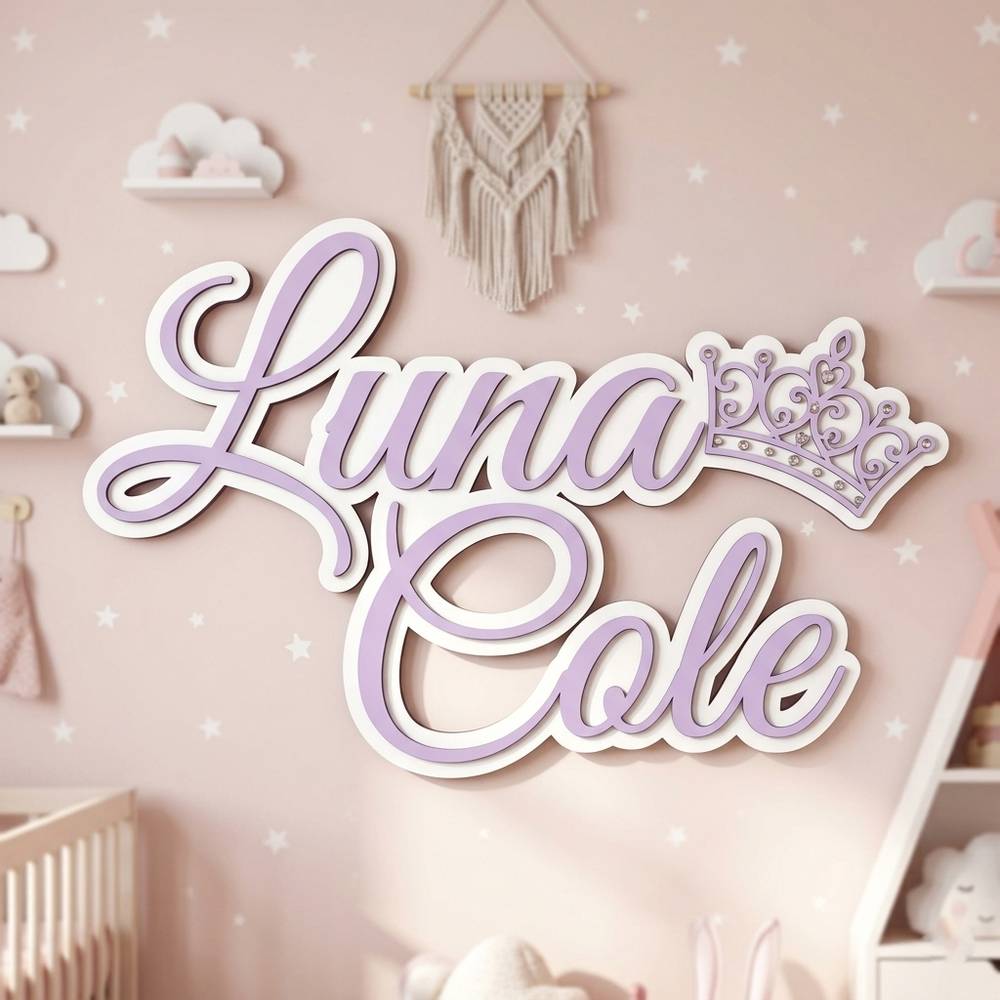 Personalized Princess Wooden Name Sign For Nursery Custom 3D Layered Crown Wood Name Wall Decor For Baby Girl Room Princess Bedroom