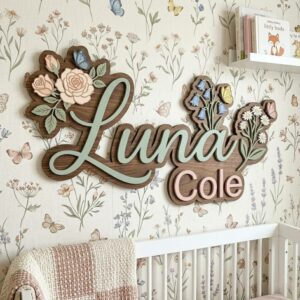 Personalized Rose And Daisy Wood Name Sign For Nursery Wall Decor Custom Floral Wooden Nameplate For Baby Girl Room Wildflower Toddler Birthday Gift