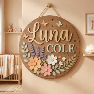 Personalized Round Floral Name Sign For Nursery Custom 3D Wooden Wall Decor For Baby Girl Room Flower Garden Theme Wood Sign Unique Baby Gift - Style 1