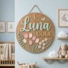 Personalized Round Floral Name Sign For Nursery Custom 3D Wooden Wall Decor For Baby Girl Room Flower Garden Theme Wood Sign Unique Baby Gift - Style 2