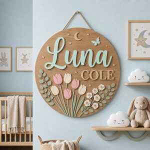 Personalized Round Floral Name Sign For Nursery Custom 3D Wooden Wall Decor For Baby Girl Room Flower Garden Theme Wood Sign Unique Baby Gift - Style 2