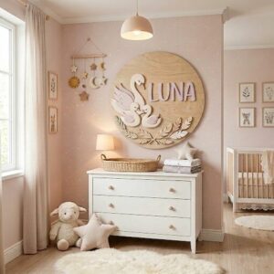 Personalized Round Nursery Name Wood Sign, Custom Boho Wooden Hanging Plaque For Baby Room Or Kids Bedroom Wall Decor, Newborn Shower Gift Boys Girls - Style 1