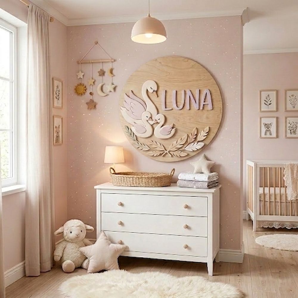 Personalized Round Nursery Name Wood Sign, Custom Boho Wooden Hanging Plaque For Baby Room Or Kids Bedroom Wall Decor, Newborn Shower Gift Boys Girls - Style 1