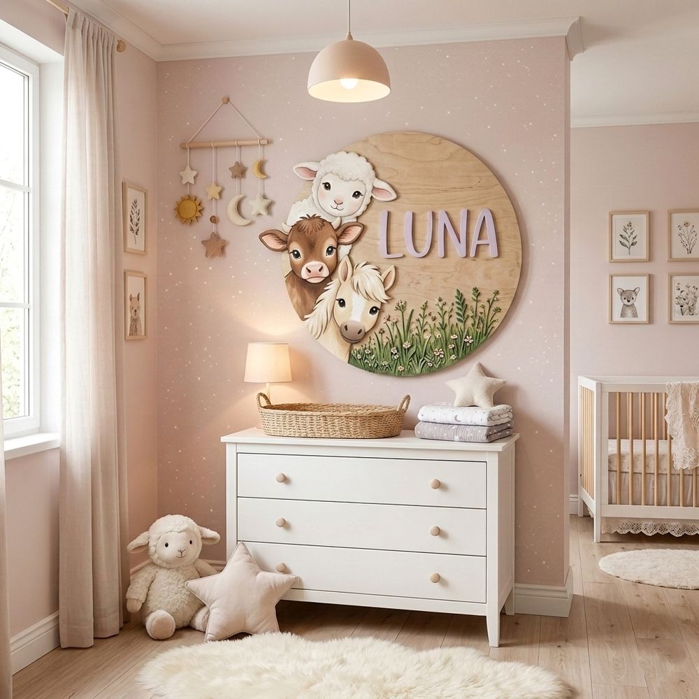 Personalized Round Nursery Name Wood Sign, Custom Boho Wooden Hanging Plaque For Baby Room Or Kids Bedroom Wall Decor, Newborn Shower Gift Boys Girls - Style 10