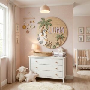 Personalized Round Nursery Name Wood Sign, Custom Boho Wooden Hanging Plaque For Baby Room Or Kids Bedroom Wall Decor, Newborn Shower Gift Boys Girls - Style 2
