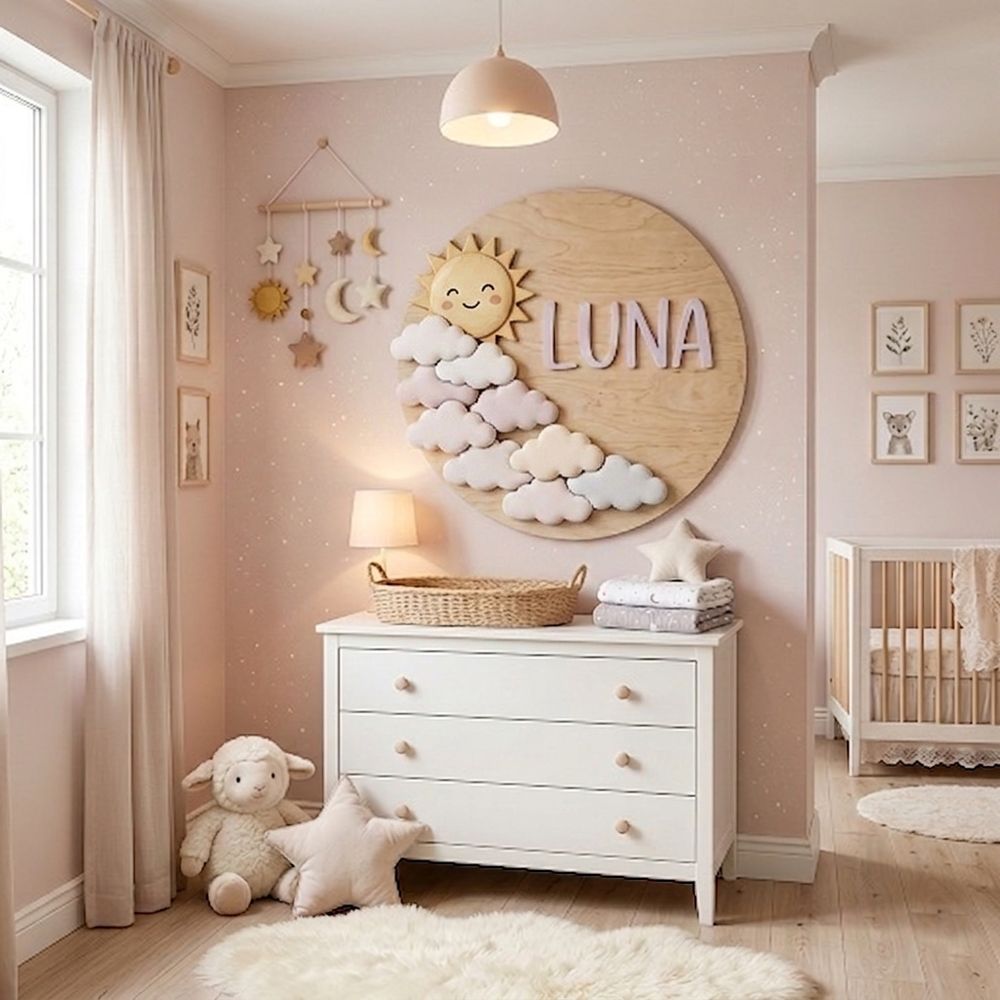 Personalized Round Nursery Name Wood Sign, Custom Boho Wooden Hanging Plaque For Baby Room Or Kids Bedroom Wall Decor, Newborn Shower Gift Boys Girls - Style 4