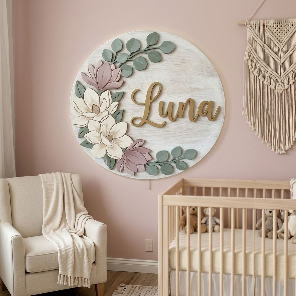 Personalized Round Nursery Name Wood Sign, Custom Boho Wooden Hanging Plaque For Baby Room Or Kids Bedroom Wall Decor, Newborn Shower Gift Boys Girls - Style 5