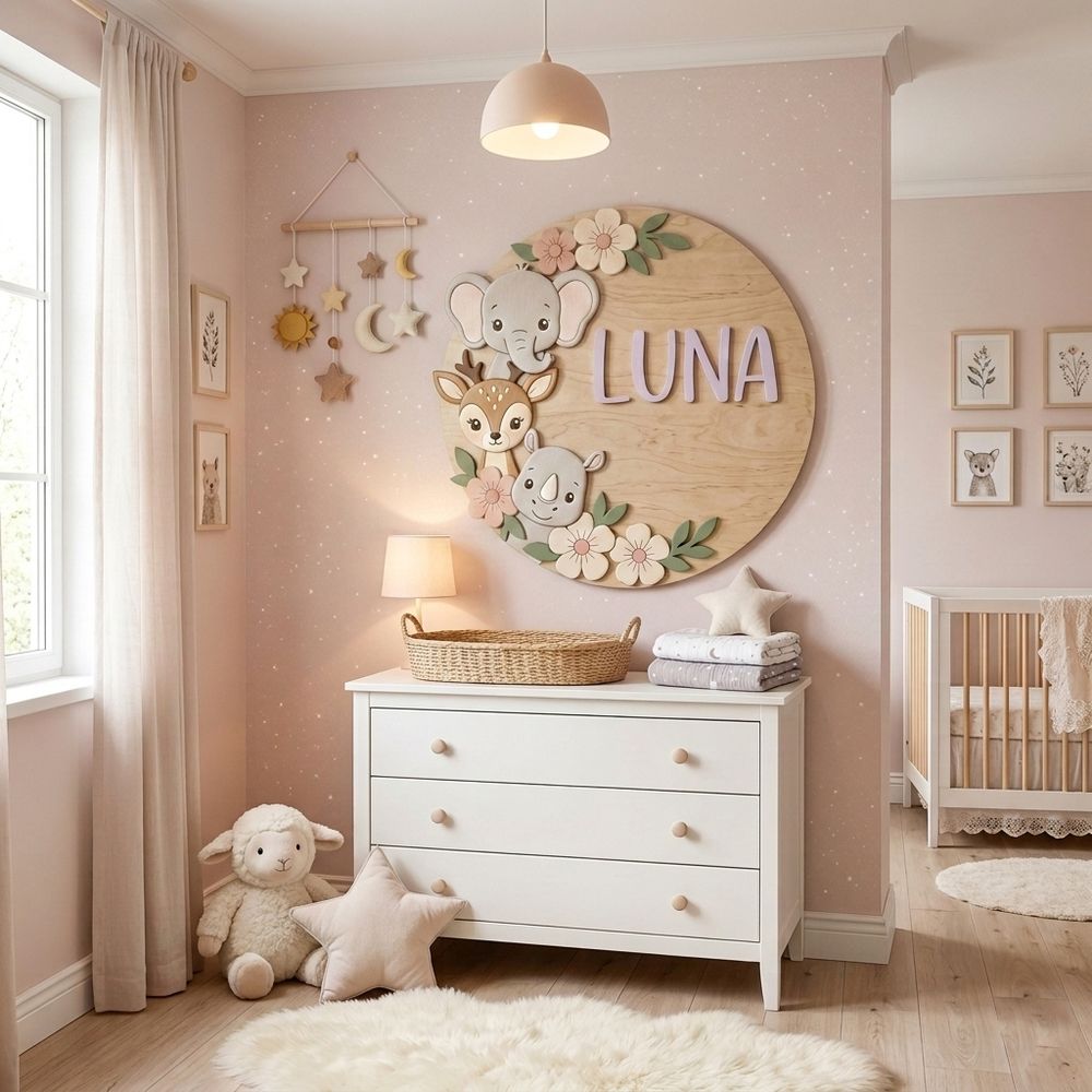 Personalized Round Nursery Name Wood Sign, Custom Boho Wooden Hanging Plaque For Baby Room Or Kids Bedroom Wall Decor, Newborn Shower Gift Boys Girls - Style 8