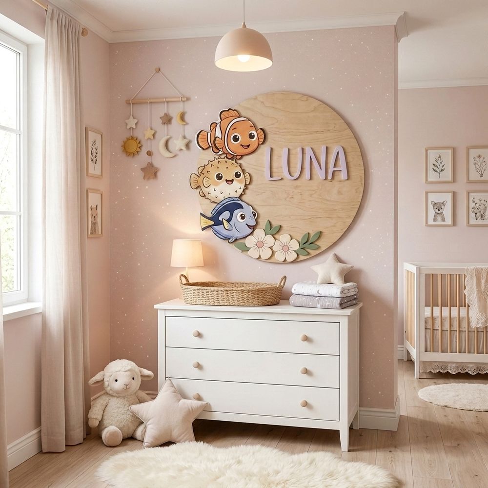 Personalized Round Nursery Name Wood Sign, Custom Boho Wooden Hanging Plaque For Baby Room Or Kids Bedroom Wall Decor, Newborn Shower Gift Boys Girls - Style 9