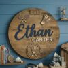 Personalized Round Nursery Name Wood Sign, Custom Sports Theme Wooden Wall Decor For Baby Room Or Kids Bedroom, Baby Shower Gift For Boys - Style 1
