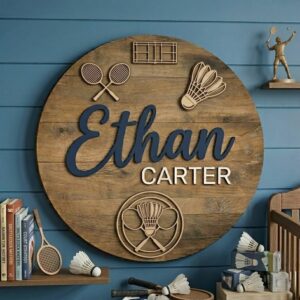Personalized Round Nursery Name Wood Sign, Custom Sports Theme Wooden Wall Decor For Baby Room Or Kids Bedroom, Baby Shower Gift For Boys - Style 1