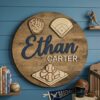 Personalized Round Nursery Name Wood Sign, Custom Sports Theme Wooden Wall Decor For Baby Room Or Kids Bedroom, Baby Shower Gift For Boys - Style 2