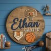 Personalized Round Nursery Name Wood Sign, Custom Sports Theme Wooden Wall Decor For Baby Room Or Kids Bedroom, Baby Shower Gift For Boys - Style 7