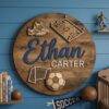 Personalized Round Nursery Name Wood Sign, Custom Sports Theme Wooden Wall Decor For Baby Room Or Kids Bedroom, Baby Shower Gift For Boys - Style 9