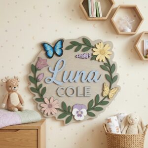 Personalized Round Wooden Name Sign For Nursery Custom Butterfly And Floral Wall Decor For Baby Girl Room 3D Wood Flower Sign Unique Newborn Gift - Style 1