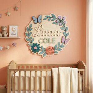 Personalized Round Wooden Name Sign For Nursery Custom Butterfly And Floral Wall Decor For Baby Girl Room 3D Wood Flower Sign Unique Newborn Gift - Style 2