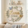 Personalized Round Wooden Name Sign For Nursery Custom Butterfly And Floral Wall Decor For Baby Girl Room 3D Wood Flower Sign Unique Newborn Gift - Style 5