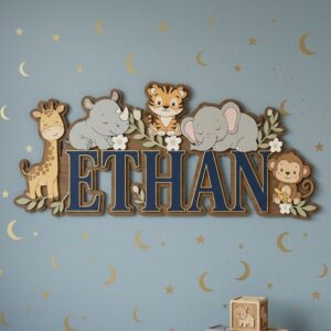 Personalized Safari Jungle Animals Name Sign For Nursery Custom 3D Wooden Wall Decor For Baby Boy Room Layered Wood Lettering Newborn Baby Gift - Style 2