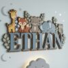 Personalized Safari Jungle Animals Name Sign For Nursery Custom 3D Wooden Wall Decor For Baby Boy Room Layered Wood Lettering Newborn Baby Gift - Style 3