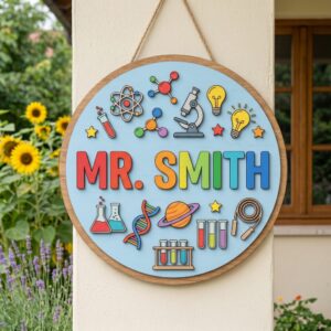 Personalized Science Teacher Name Wood Sign Custom Classroom Door Hanger Wooden Wall Decor For Science Room Back To School Teacher Appreciation Gift - Style 1