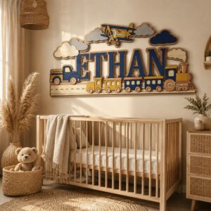 Personalized Transportation Wooden Name Sign For Nursery Custom 3D Train Airplane And Truck Wood Name Wall Decor For Boy Room Vehicle Theme Baby Gift - View 1