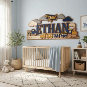 Personalized Transportation Wooden Name Sign For Nursery Custom 3D Train Airplane And Truck Wood Name Wall Decor For Boy Room Vehicle Theme Baby Gift