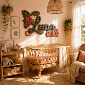 Personalized Tropical Floral Wood Name Sign For Nursery Custom Hibiscus And Palm Leaf Wooden Wall Art Beach Theme Baby Girl Room Decor New Baby Gift - View 1