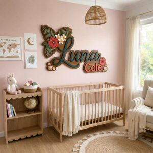 Personalized Tropical Floral Wood Name Sign For Nursery Custom Hibiscus And Palm Leaf Wooden Wall Art Beach Theme Baby Girl Room Decor New Baby Gift