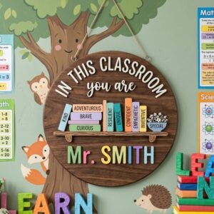 Personalized Welcome Classroom Door Sign, Custom Teacher Name Wood Plaque, School Wall Hanging Decor, Back To School Gift, Teacher Appreciation - Style 1
